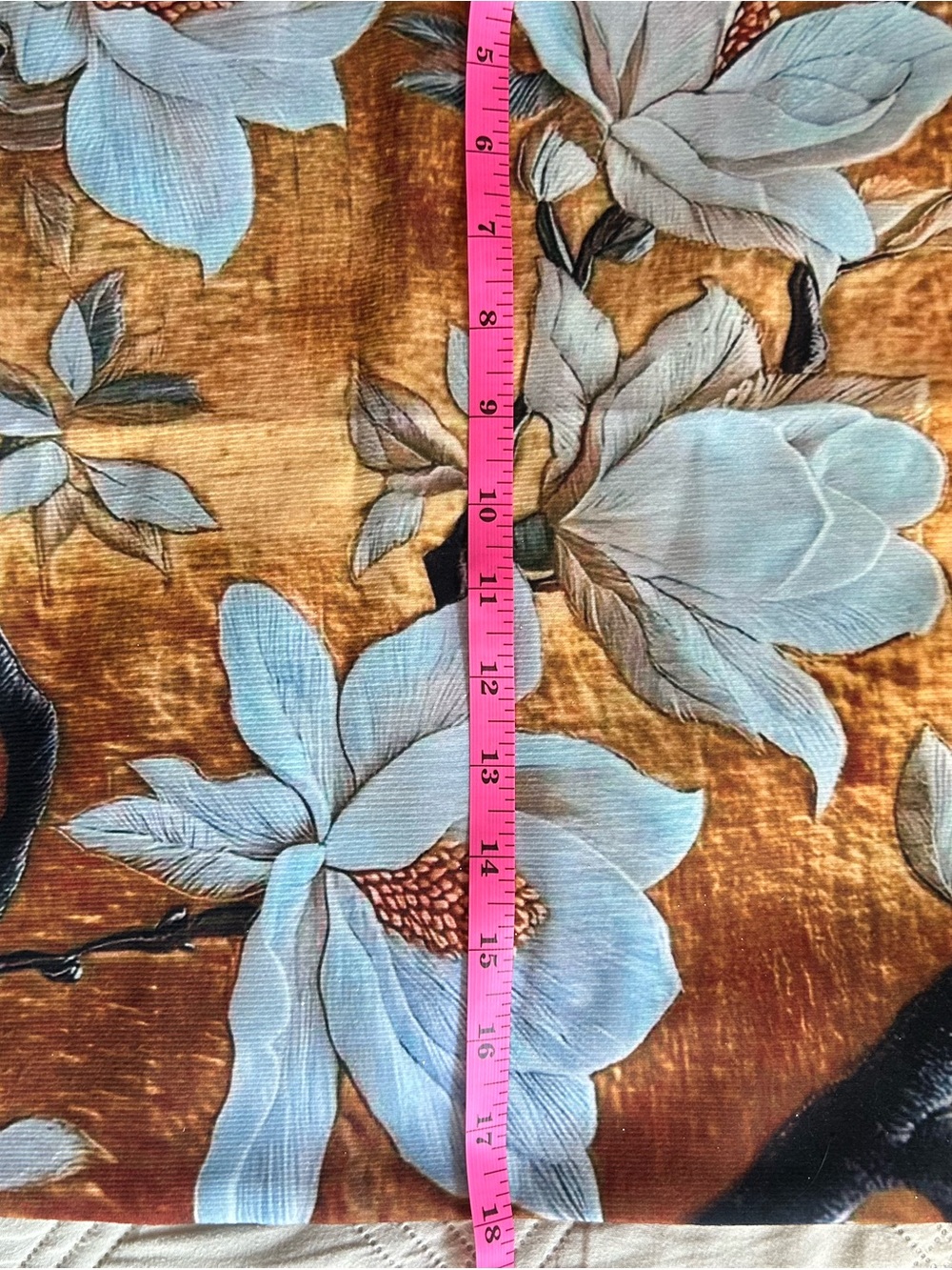 Blue Floral Velvet Throw Pillow Cover on Golden Brown. Cover only. No insert.